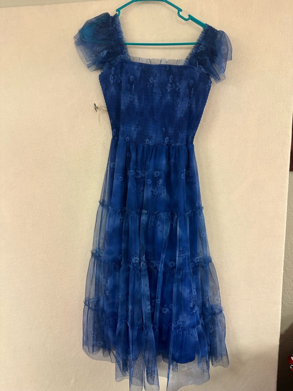 Baltic Born Clementine Tulle Midi Square Neck Dress Blue Flowers Size Small